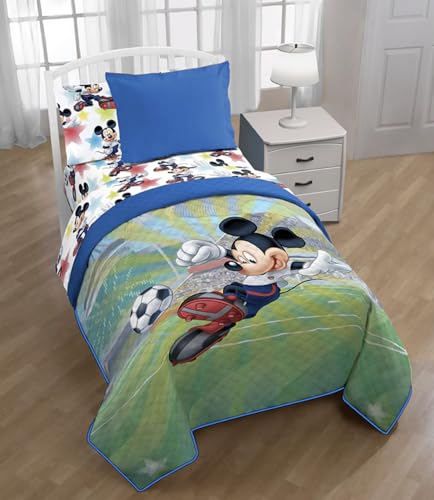 Disney Mickey Mouse Quilted Twin Bedspread & Pillow Sham Set Soccer