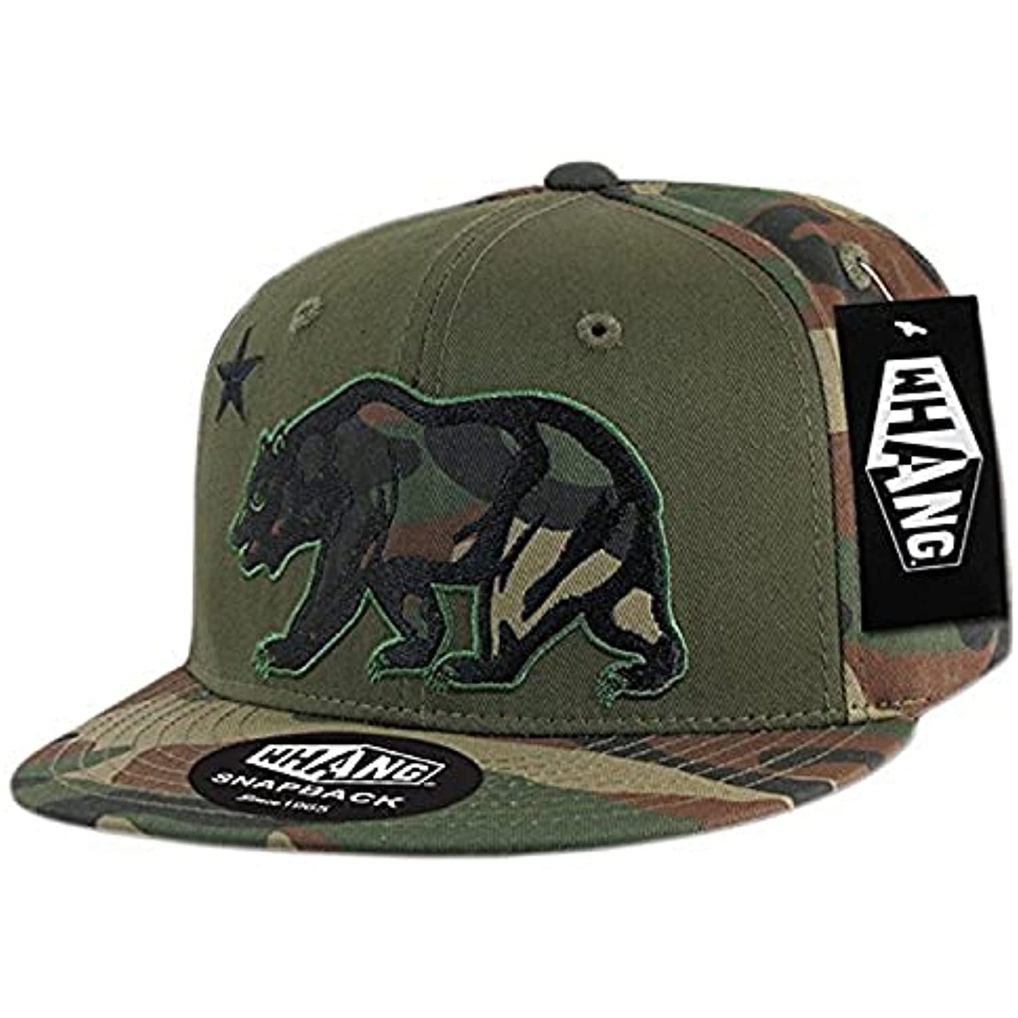 WHANG Camo Applique Cali Bear Snapbacks, Woodland/Olive/Woodland