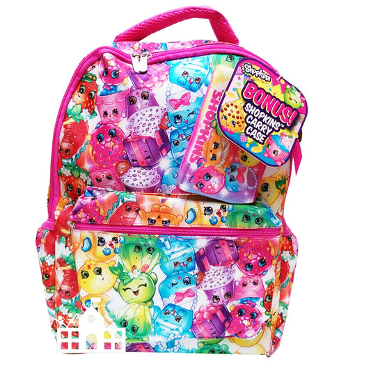 SHOPKINS 16-inch BACKPACK GIRLS BOOK BAG ALL PRINT Bonus Carry Case Pink